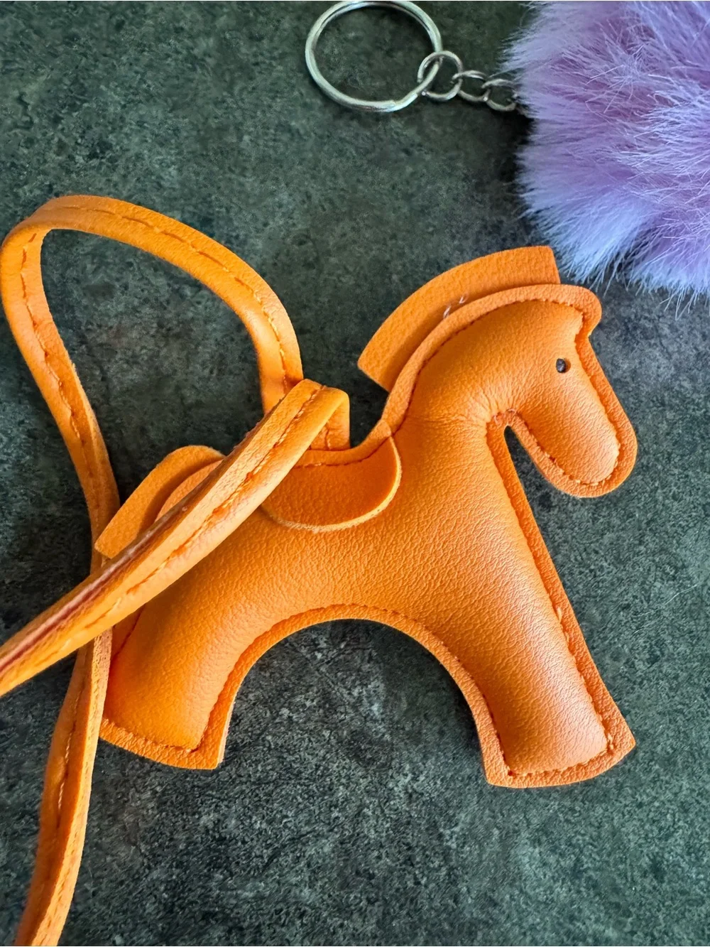Plush Star Purple Pom Keychain and Orange Horse Purse Bag Charm Fob